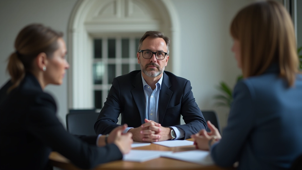 Mediator zit tussen twee personen in een neutrale professionele omgeving