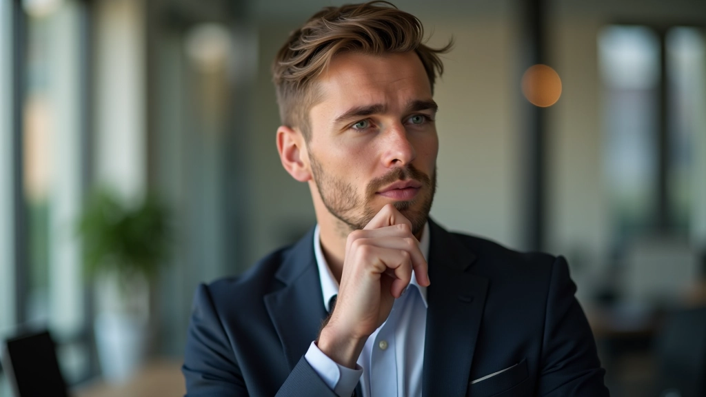 Persoon in reflectieve houding met hand aan kin, denkend over een complexe situatie