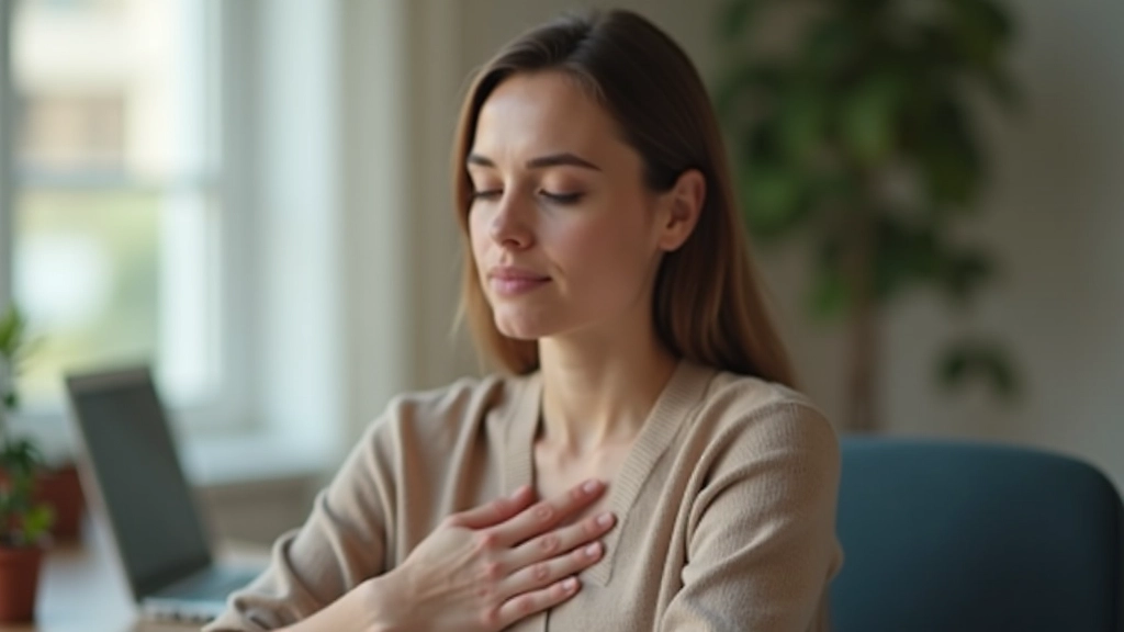 Persoon in rustige houding, hand op borst, diepe concentratie, vredige gezichtsuitdrukking, licht werkruimte