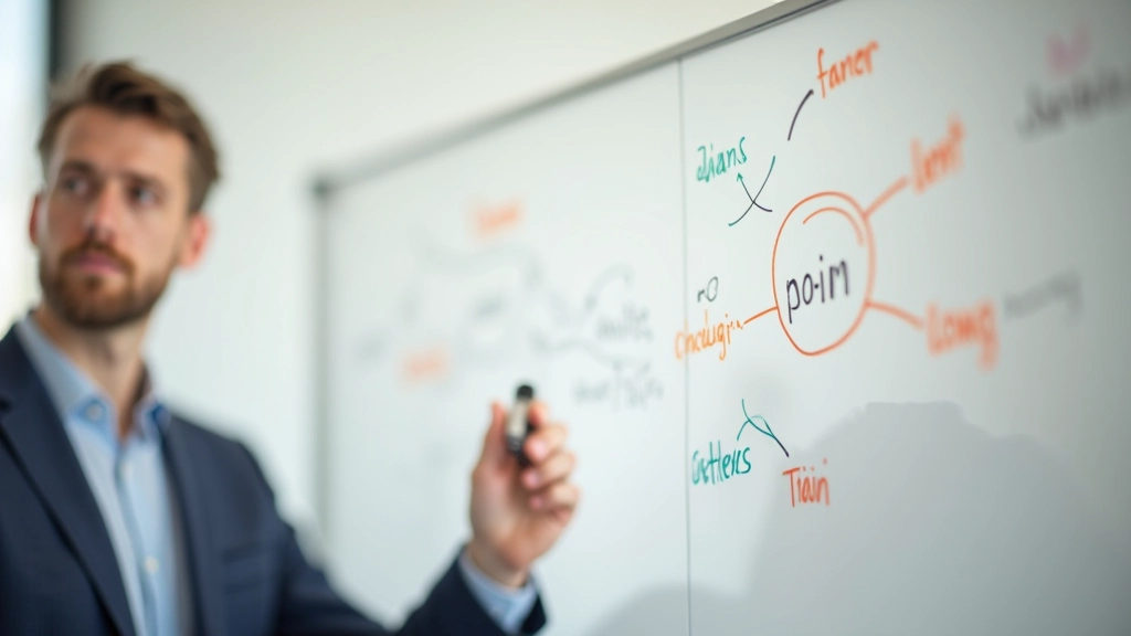 Persoon aan het schrijven op whiteboard met brainstormideeën en pijlen die verbindingen tonen