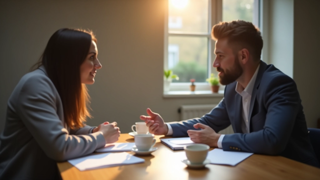 Twee professionals voeren een constructief gesprek aan een houten tafel met koffie en notitieboeken