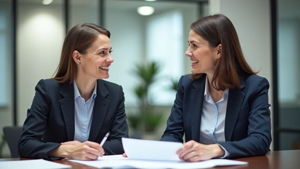 Twee personen zitten aan een tafel met notities en een kalender, beiden met positieve lichaamstaal