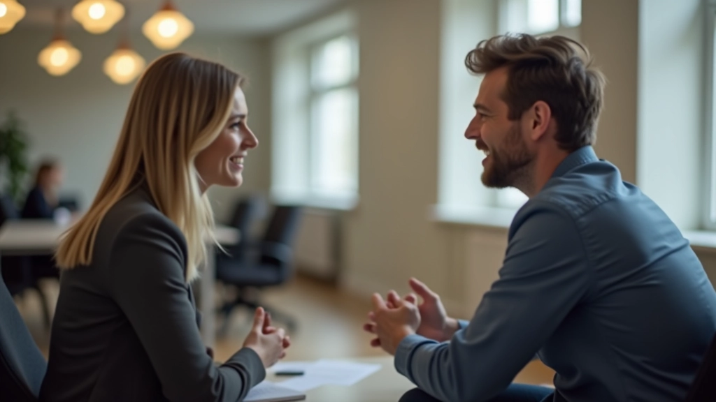Twee personen voeren een respectvol en constructief gesprek in een professionele omgeving